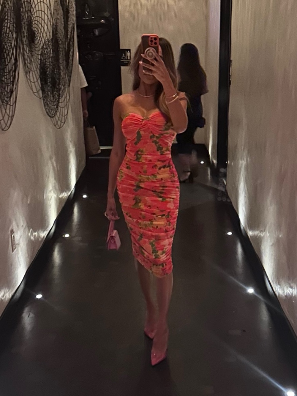 Zara Pink Floral Strapless Ruched Midi Dress